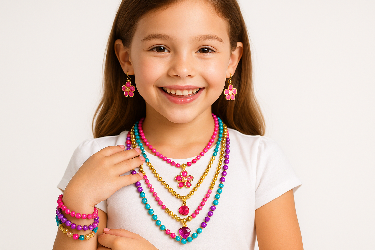 Accesorios de bisutería, con una niña modelándolos